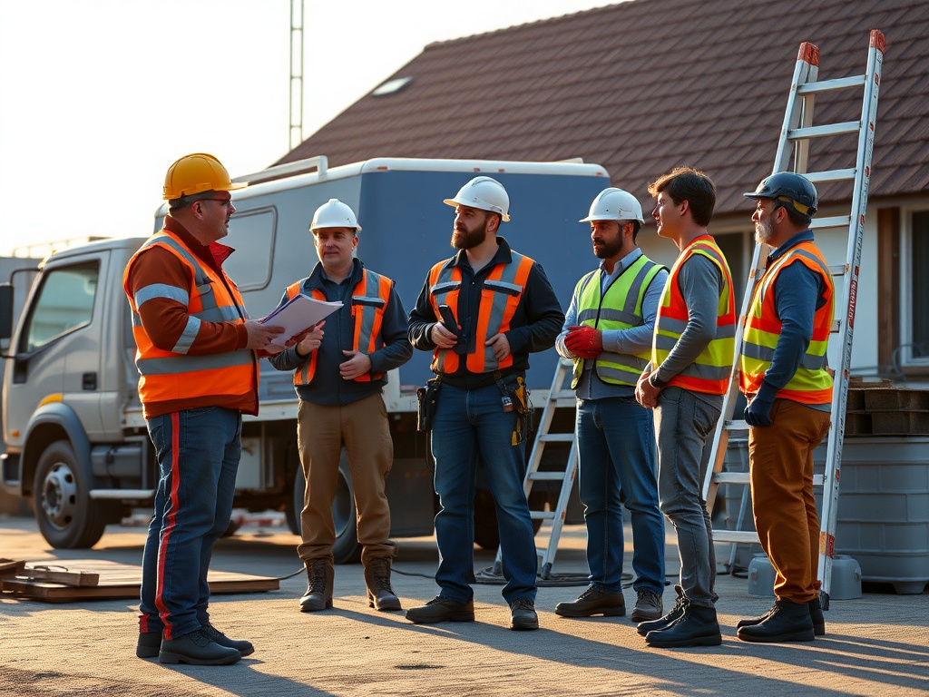 Roofing crew and foreman conducting a pre-shift safety briefing on the ground before starting a roofing job