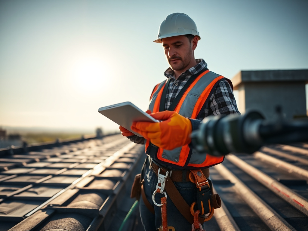 Roofing foreman reviewing a safety checklist on a tablet while standing on a roof deck