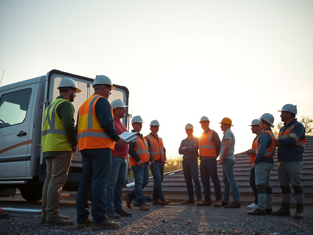 Roofing crew huddled for a safety briefing on the ground before starting a job