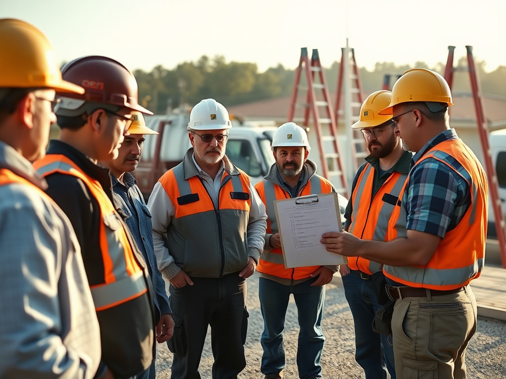 Roofing crew reviewing a toolbox-talk safety checklist on a clipboard before starting a job